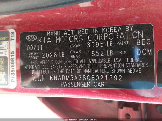 45497131 :رقم المزاد ، KNADM5A38C6021592 vin ، 2012 Kia Rio5 Lx مزاد بيع