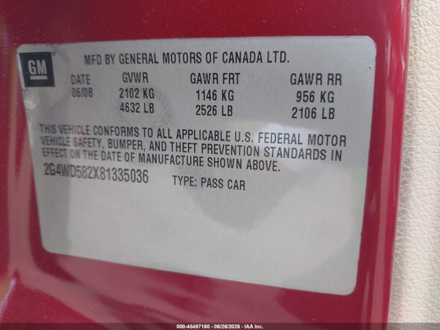 Aukcja sprzedaży 2008 Buick Lacrosse Cxl, vin: 2G4WD582X81335036, numer aukcji: 45497160