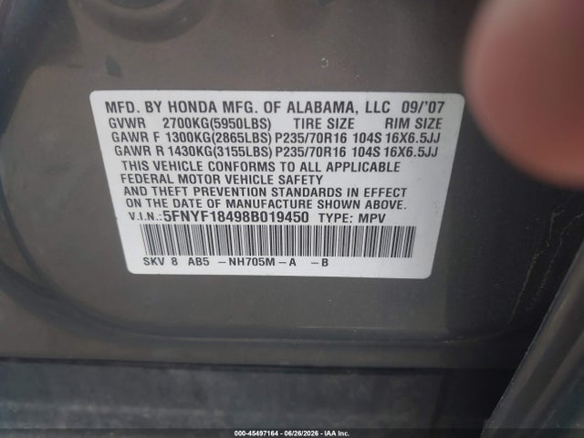 2008 Honda Pilot Ex მანქანა იყიდება აუქციონზე, vin: 5FNYF18498B019450, აუქციონის ნომერი: 45497164