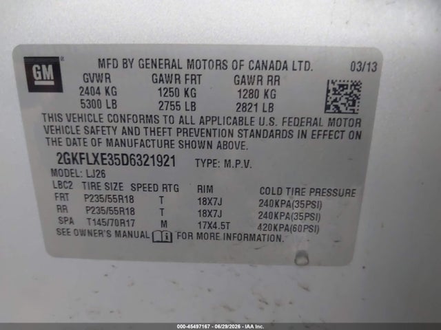 Продажа на аукционе авто 2013 Gmc Terrain Slt-2, vin: 2GKFLXE35D6321921, номер лота: 45497167