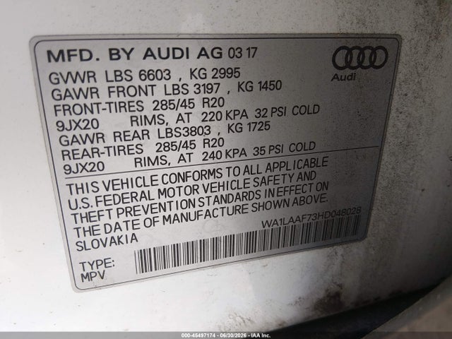 Продажа на аукционе авто 2017 Audi Q7 3.0t Premium, vin: WA1LAAF73HD048028, номер лота: 45497174