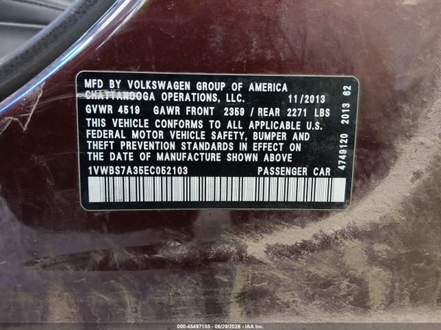 Auction sale of the 2014 Volkswagen Passat 1.8t Se, vin: 1VWBS7A35EC052103, lot number: 45497185