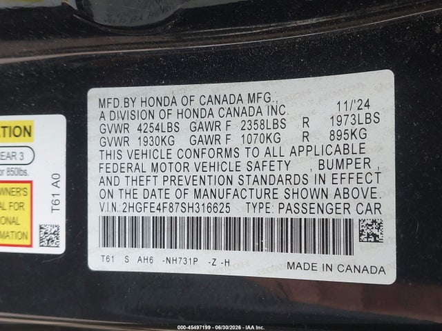 2HGFE4F87SH316625 Honda Civic Hybrid Sport/sport Touring