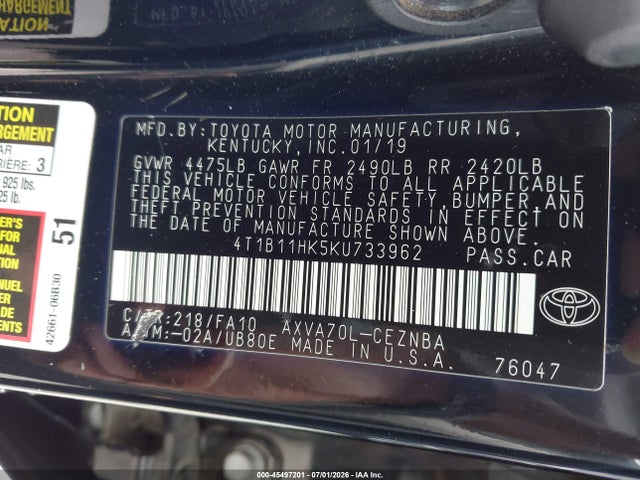 Toyota CAMRY LE 2019 4T1B11HK5KU733962 Image 9