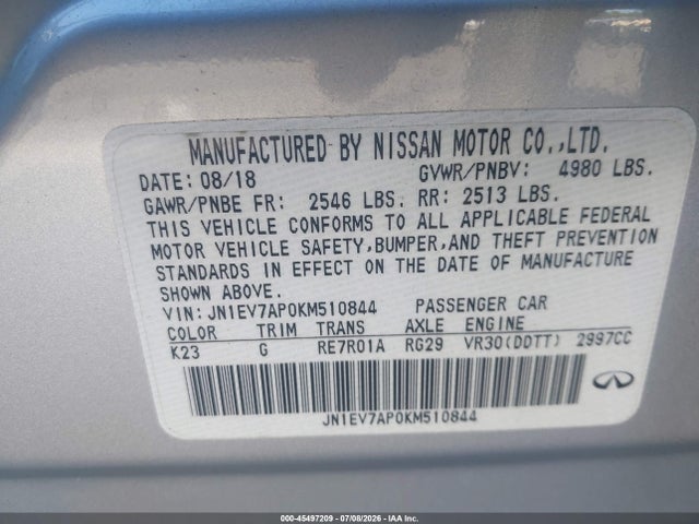 45497209 :رقم المزاد ، JN1EV7AP0KM510844 vin ، 2019 Infiniti Q50 3.0t Sport مزاد بيع