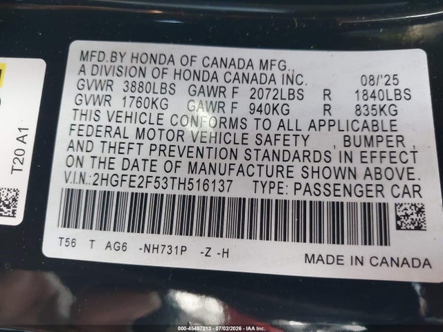 Honda Civic Sport 2026 2HGFE2F53TH516137 Image 9