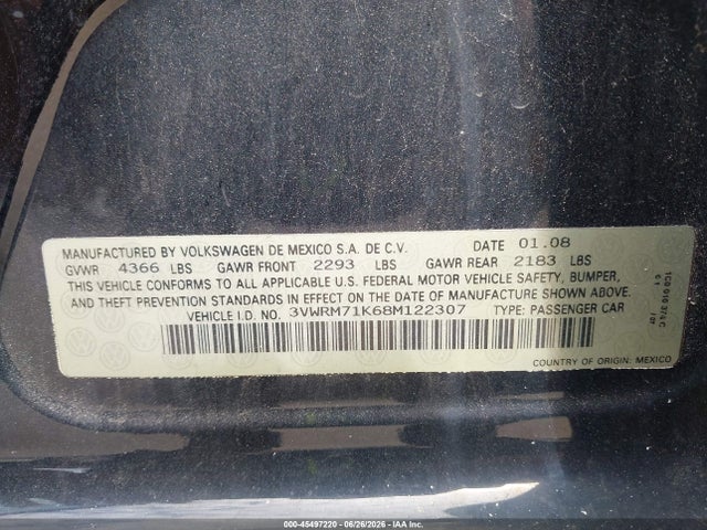 Aukcja sprzedaży 2008 Volkswagen Jetta Se/sel, vin: 3VWRM71K68M122307, numer aukcji: 45497220