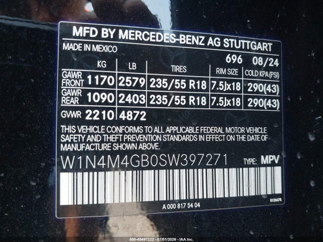 Aukcja sprzedaży 2025 Mercedes-benz Glb 250, vin: W1N4M4GB0SW397271, numer aukcji: 45497222