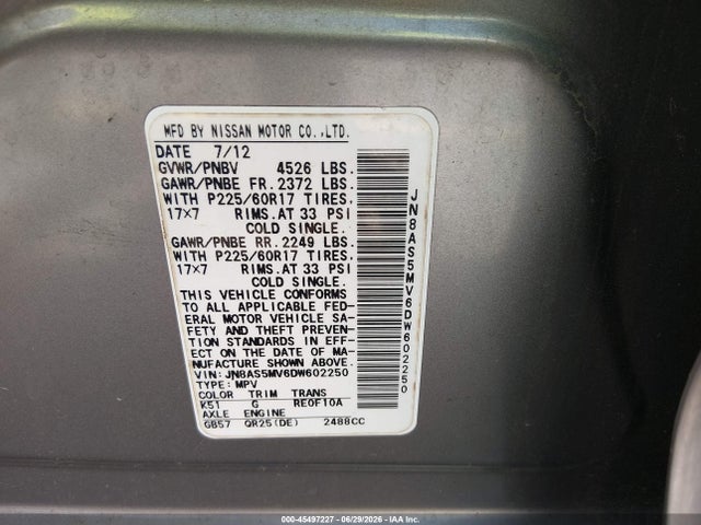 45497227 :رقم المزاد ، JN8AS5MV6DW602250 vin ، 2013 Nissan Rogue Sv مزاد بيع
