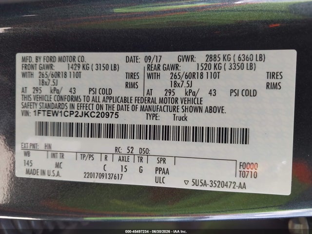 1FTEW1CP2JKC20975 Ford F-150 Lariat/xl/xlt