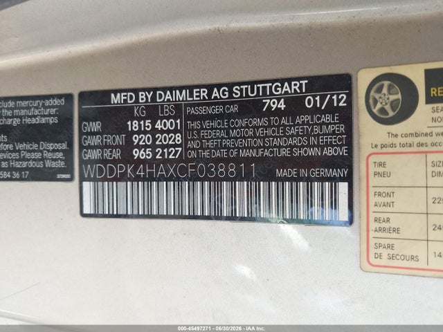 Продаж на аукціоні авто 2012 Mercedes-benz Slk 250, vin: WDDPK4HAXCF038811, номер лоту: 45497271