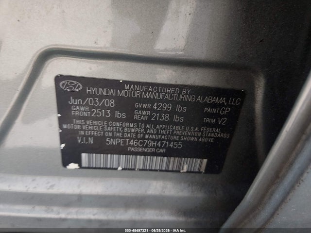 2009 Hyundai Sonata Gls მანქანა იყიდება აუქციონზე, vin: 5NPET46C79H471455, აუქციონის ნომერი: 45497321