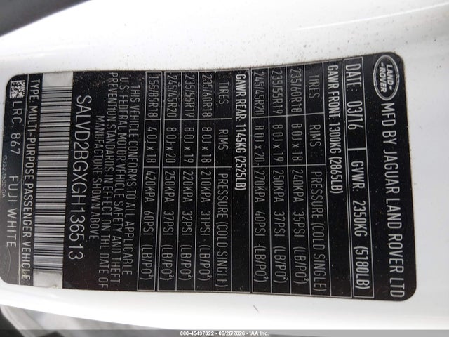 Продажа на аукционе авто 2016 Land Rover Range Rover Evoque Hse Dynamic, vin: SALVD2BGXGH136513, номер лота: 45497322