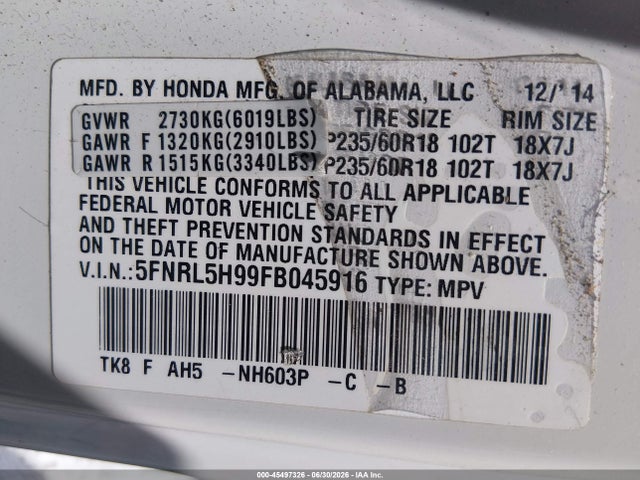 Продажа на аукционе авто 2015 Honda Odyssey Touring/touring Elite, vin: 5FNRL5H99FB045916, номер лота: 45497326