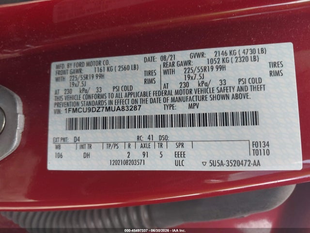 2021 Ford Escape Titanium Hybrid მანქანა იყიდება აუქციონზე, vin: 1FMCU9DZ7MUA83287, აუქციონის ნომერი: 45497337