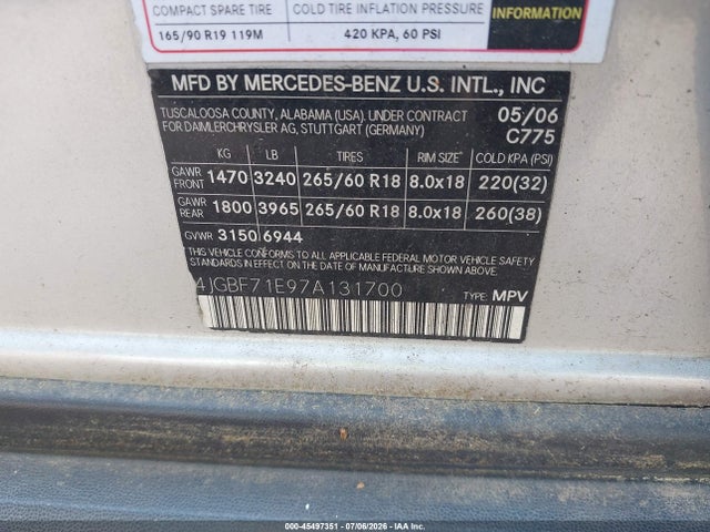 Aukcja sprzedaży 2007 Mercedes-benz Gl 450 4matic, vin: 4JGBF71E97A131700, numer aukcji: 45497351