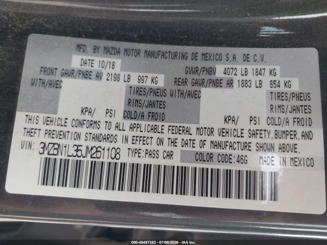 Продажа на аукционе авто 2018 Mazda Mazda3 Touring, vin: 3MZBN1L35JM261108, номер лота: 45497353