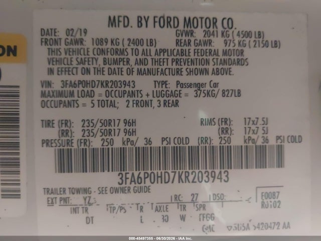 2019 Ford Fusion Se მანქანა იყიდება აუქციონზე, vin: 3FA6P0HD7KR203943, აუქციონის ნომერი: 45497355