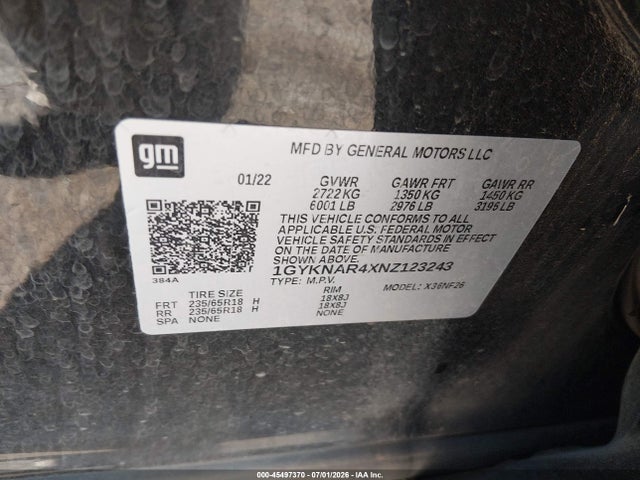 45497370 :رقم المزاد ، 1GYKNAR4XNZ123243 vin ، 2022 Cadillac Xt5 Fwd Luxury مزاد بيع