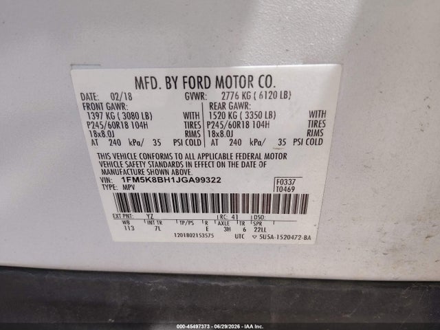 Aukcja sprzedaży 2018 Ford Explorer, vin: 1FM5K8BH1JGA99322, numer aukcji: 45497373