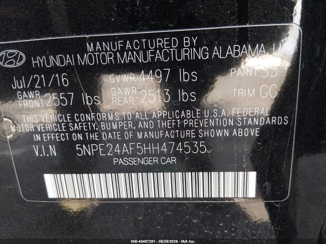 45497391 :رقم المزاد ، 5NPE24AF5HH474535 vin ، 2017 Hyundai Sonata مزاد بيع