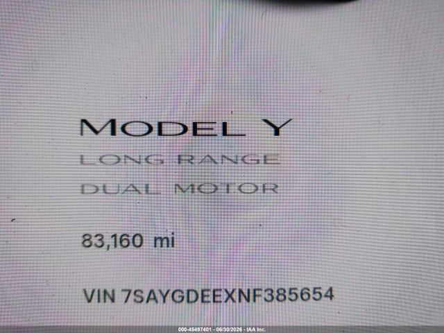 45497401 :رقم المزاد ، 7SAYGDEEXNF385654 vin ، 2022 Tesla Model Y Long Range Dual Motor All-wheel Drive مزاد بيع