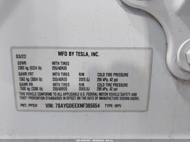 45497401 :رقم المزاد ، 7SAYGDEEXNF385654 vin ، 2022 Tesla Model Y Long Range Dual Motor All-wheel Drive مزاد بيع