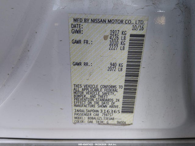 1N4AL3AP0HN316365 Nissan Altima 2.5/2.5 S/2.5 Sl/2.5 Sr/2.5 Sv