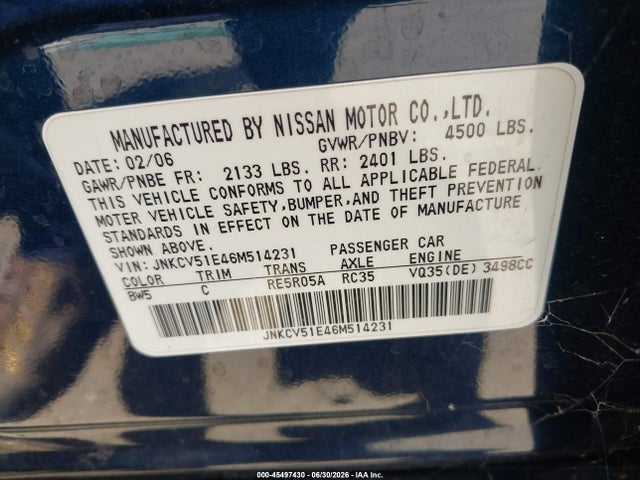Продаж на аукціоні авто 2006 Infiniti G35, vin: JNKCV51E46M514231, номер лоту: 45497430