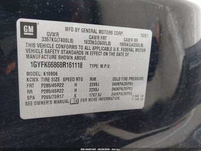 2008 Cadillac Escalade Esv მანქანა იყიდება აუქციონზე, vin: 1GYFK66868R161118, აუქციონის ნომერი: 45497445