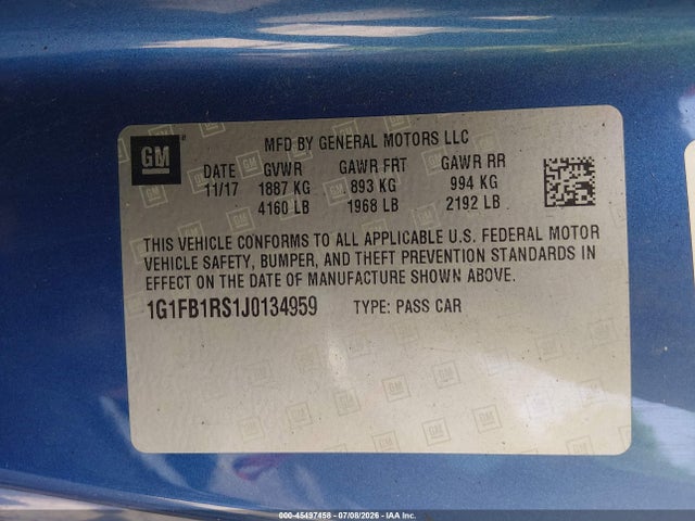 2018 Chevrolet Camaro 1lt მანქანა იყიდება აუქციონზე, vin: 1G1FB1RS1J0134959, აუქციონის ნომერი: 45497458