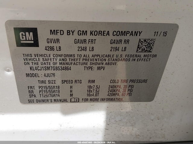 Продажа на аукционе авто 2016 Buick Encore Sport Touring, vin: KL4CJ1SM7GB534864, номер лота: 45497465