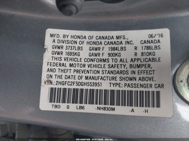 Honda Civic Lx 2016 2HGFC2F50GH553951 Image 9