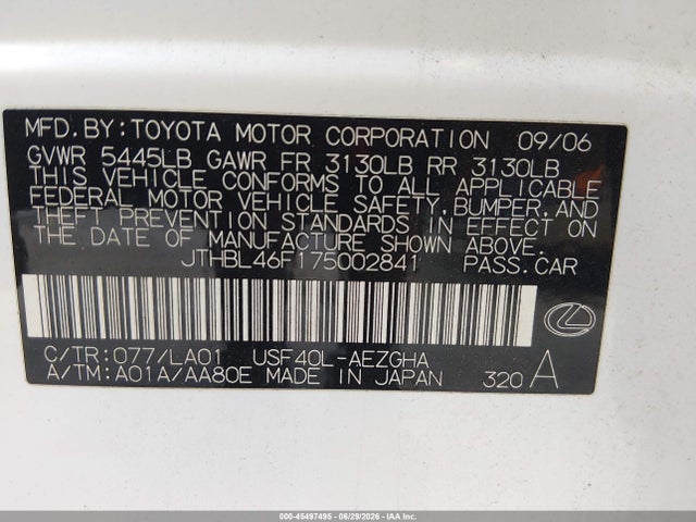 Auction sale of the 2007 Lexus Ls 460, vin: JTHBL46F175002841, lot number: 45497495