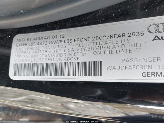 2012 Audi A6 2.0t Premium Plus მანქანა იყიდება აუქციონზე, vin: WAUDFAFC3CN119219, აუქციონის ნომერი: 45497500