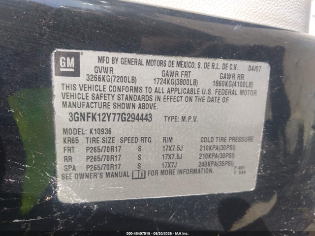 2007 Chevrolet Avalanche 1500 Lt მანქანა იყიდება აუქციონზე, vin: 3GNFK12Y77G294443, აუქციონის ნომერი: 45497515