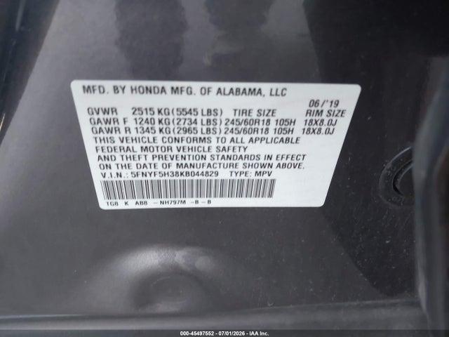 Honda Pilot Ex 2019 5FNYF5H38KB044829 Image 9