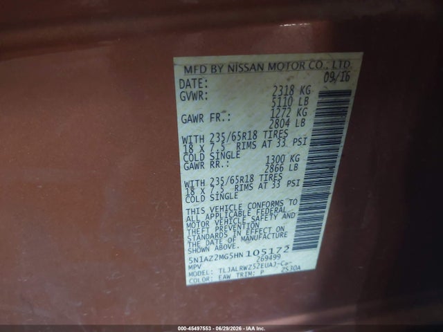 Nissan MURANO SL 2017 5N1AZ2MG5HN105172 Image 9