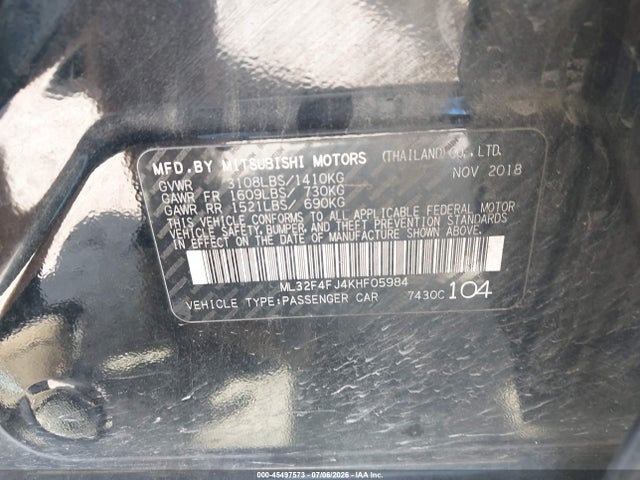 45497573 :رقم المزاد ، ML32F4FJ4KHF05984 vin ، 2019 Mitsubishi Mirage G4 Se مزاد بيع