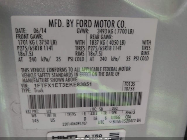 45497586 :رقم المزاد ، 1FTFX1ET3EKE83851 vin ، 2014 Ford F-150 Lariat مزاد بيع