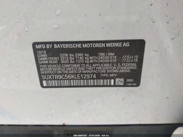 45497587 :رقم المزاد ، 5UXTR9C56KLE12974 vin ، 2019 Bmw X3 Xdrive30i مزاد بيع