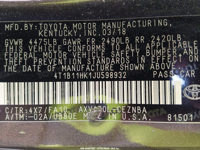 45497597 :رقم المزاد ، 4T1B11HK1JU598932 vin ، 2018 Toyota Camry Le مزاد بيع