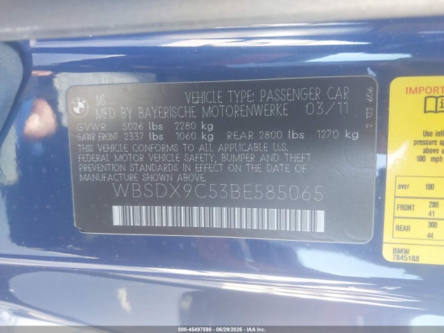 Aukcja sprzedaży 2011 Bmw M3, vin: WBSDX9C53BE585065, numer aukcji: 45497598