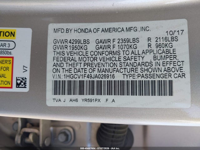 Honda ACCORD EX 2018 1HGCV1F49JA026916 Image 9