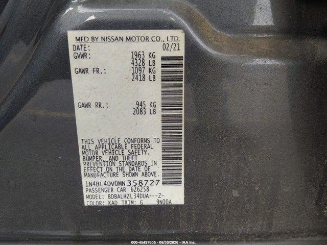 45497605 :رقم المزاد ، 1N4BL4DV0MN358727 vin ، 2021 Nissan Altima Sv Fwd مزاد بيع