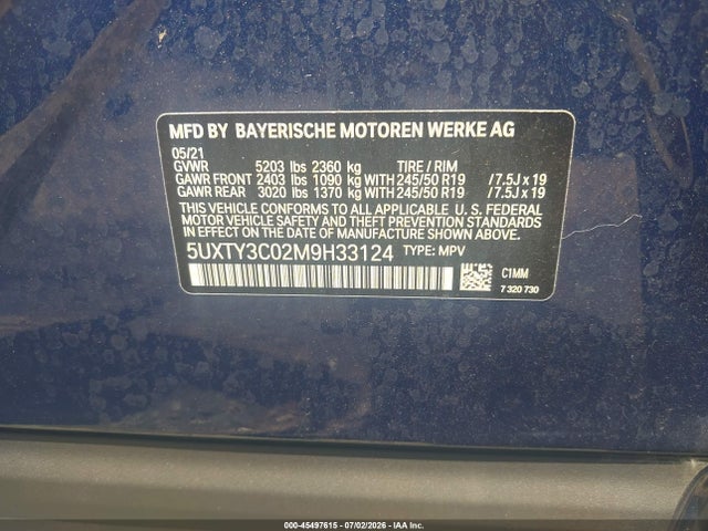 2021 Bmw X3 Sdrive30i მანქანა იყიდება აუქციონზე, vin: 5UXTY3C02M9H33124, აუქციონის ნომერი: 45497615