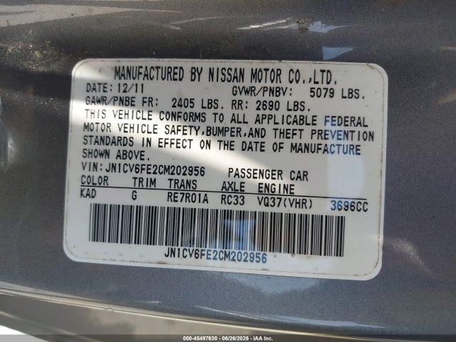 Продаж на аукціоні авто 2012 Infiniti G37, vin: JN1CV6FE2CM202956, номер лоту: 45497630