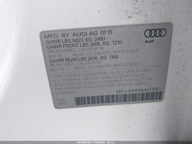 Aukcja sprzedaży 2016 Audi Q5 2.0t Premium, vin: WA1L2AFP3GA037091, numer aukcji: 45497639