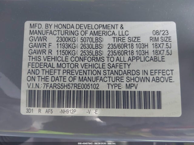 Auction sale of the 2024 Honda Cr-v Hybrid Sport, vin: 7FARS5H57RE005102, lot number: 45497643