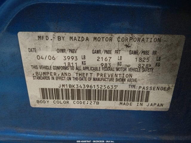 45497647 :رقم المزاد ، JM1BK343961525635 vin ، 2006 Mazda Mazda3 S Grand Touring مزاد بيع